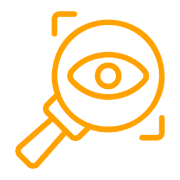 Orange magnifying glass with eye icon.